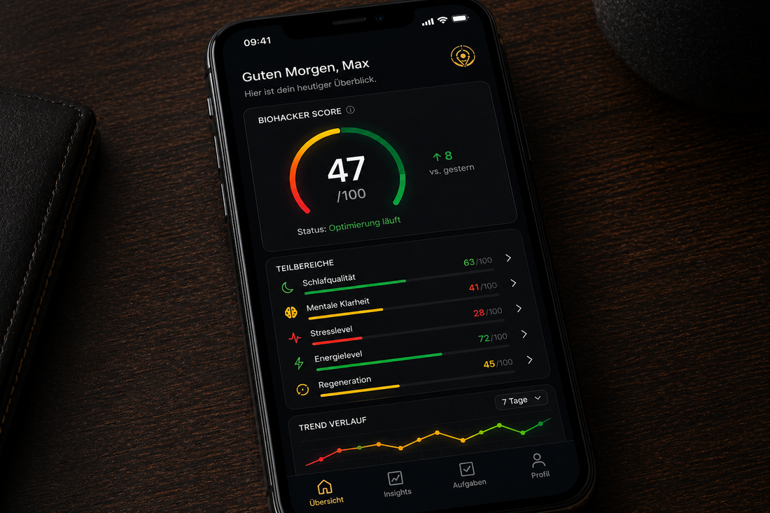 Biohacker OS App: Dsahboard - Biohacking Score - Schlaf,Energie,Fokus,Stress,Ernährung optimieren
