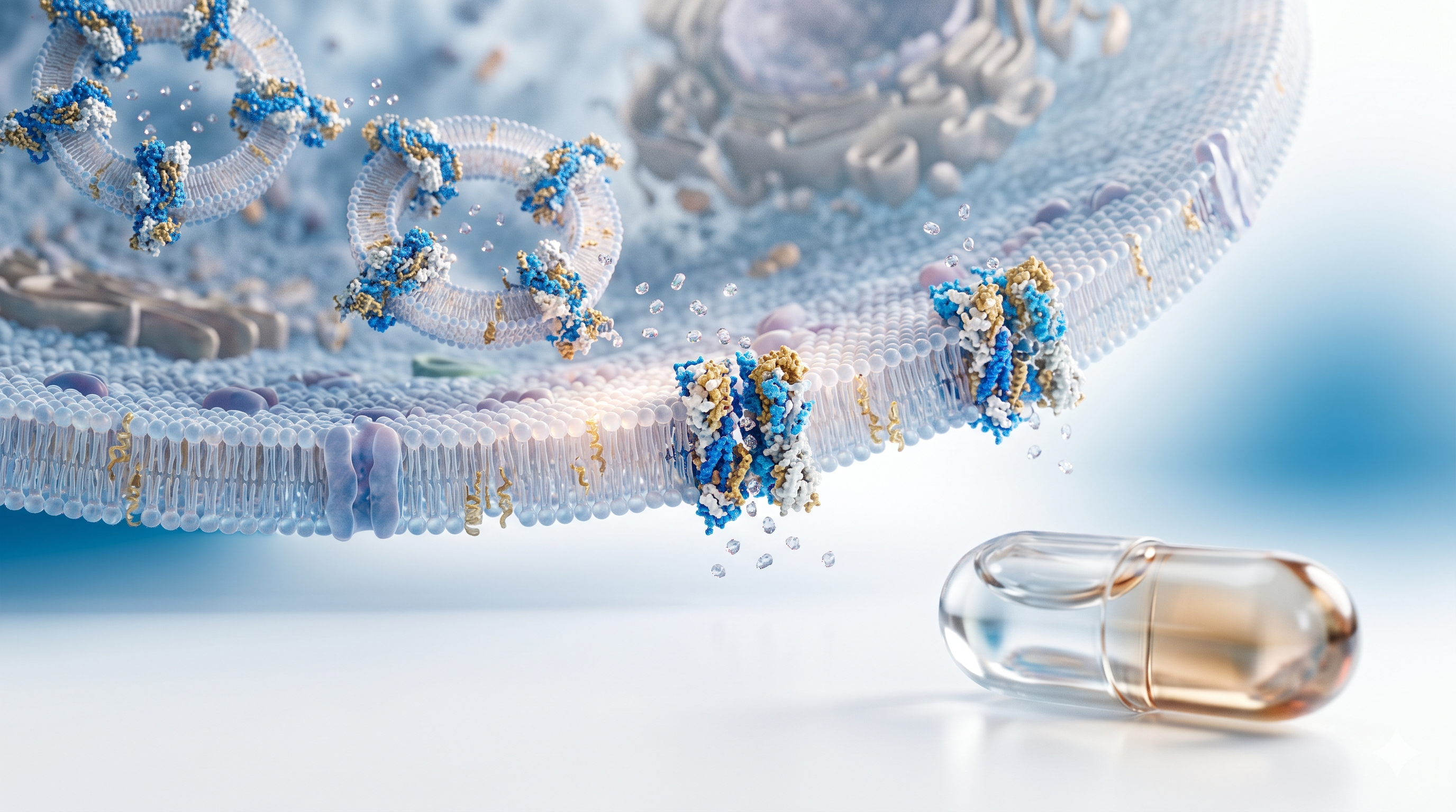 Hyperrealistisches Portrait eines Natural Bodybuilders Mitte 30 beim Blick auf Supplement-Kapseln vor der Post-Workout-Mahlzeit, weiches klinisches Licht, redaktionelle Medizin-Fotografie, Symbolbild für Nutrient Partitioning mit NA-R-ALA.