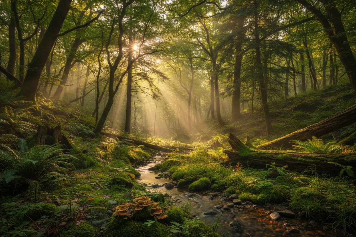 Nadelwald als Symbol für natürliche Longevity-Quellen und mitochondriale Gesundheit, passend zur ganzheitlichen Performance-Optimierung durch Ayuba Nutrition.