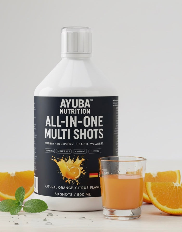 All-In-One Multi Shots - Vitamins, Minerals, Amino Acids & Herb Blend - 50 vegane Shots - Bio Orange - 500ml