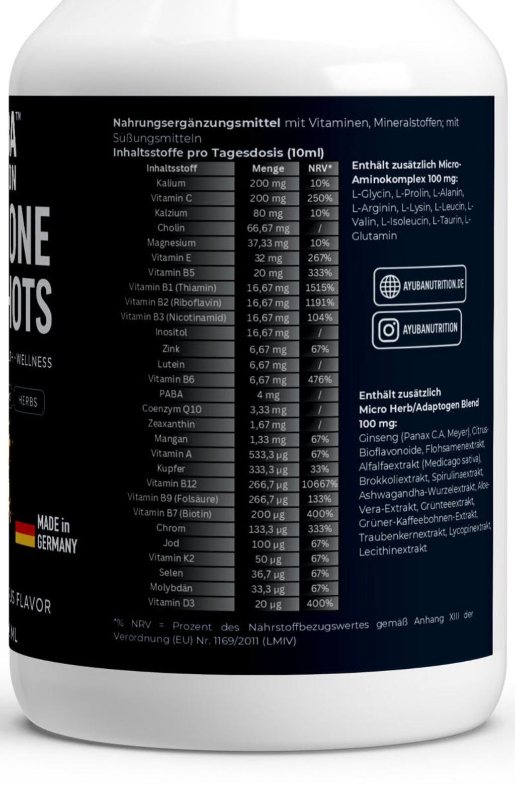 All-In-One Multi Shots - Vitamins, Minerals, Amino Acids & Herb Blend - 50 vegane Shots - Bio Orange - 500ml