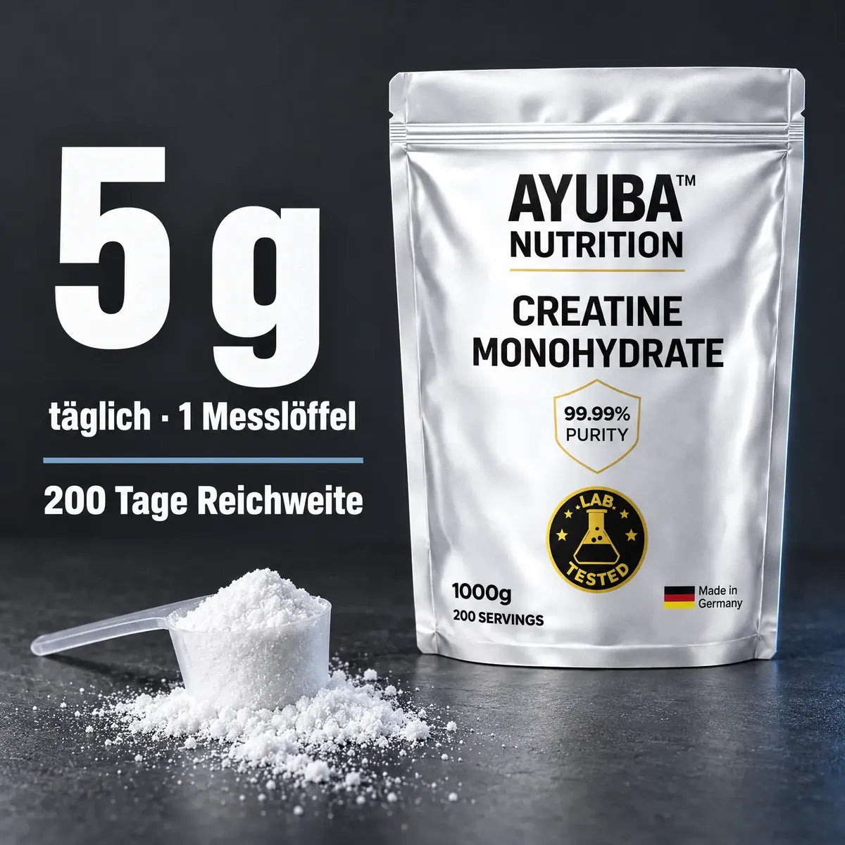 Creatine: 5 g täglich, 1 Messlöffel, 200 Tage Reichweite
