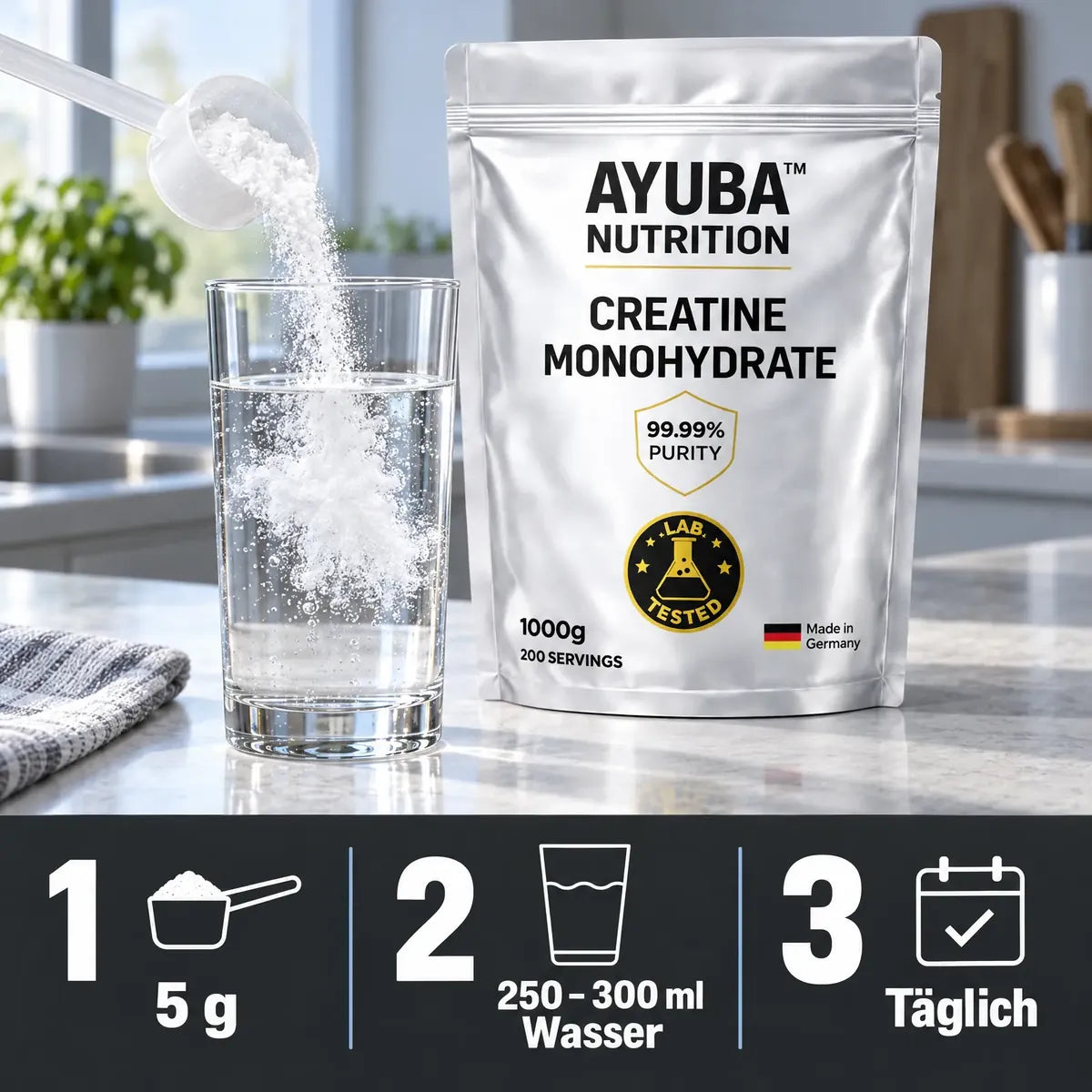 Einnahme: 1. 5 g, 2. 250–300 ml Wasser, 3. täglich