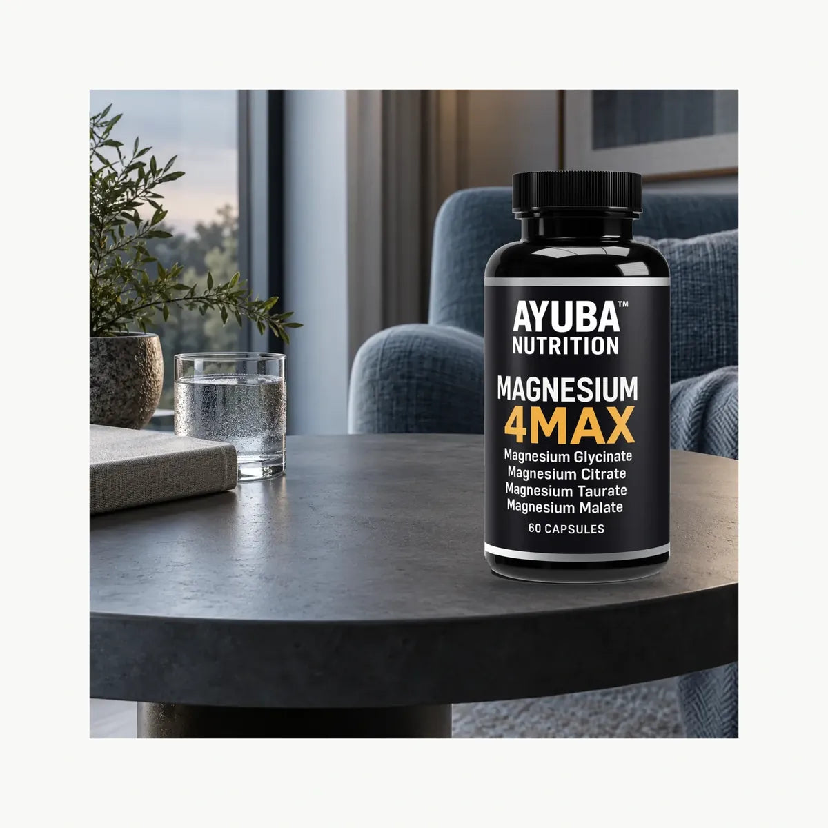 Magnesium 4MAX auf einem Tisch im Wohnzimmer am Abend